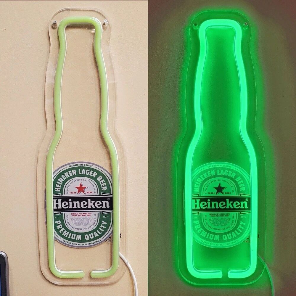 HEINEKEN Beer Bottle Neon Light Wall Bar Sign LED Game Room Man Cave Green
